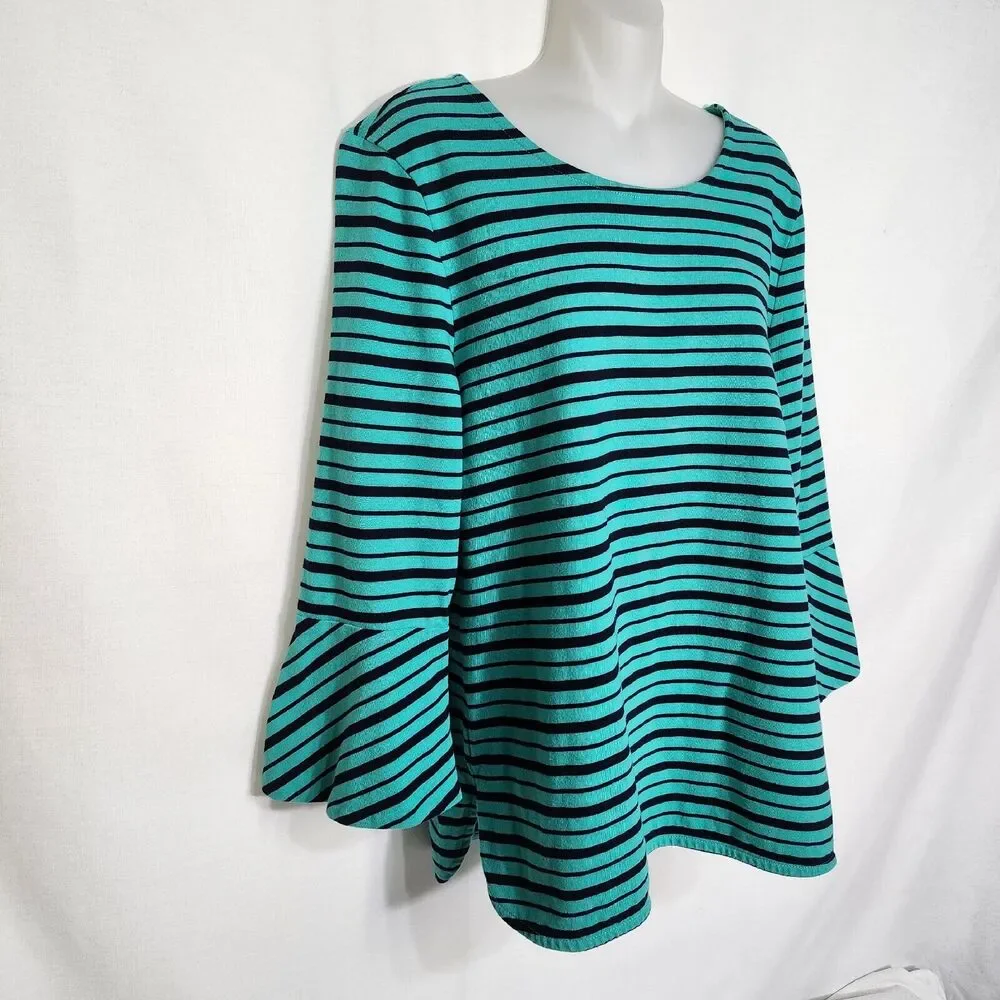 Talbots Womens Top Sz Large Green Blue Striped 3/4 Bell Sleeve Cotton Round Neck